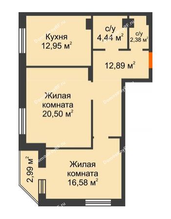2 комнатная квартира 72,73 м² в ЖК Континент, дом № 16