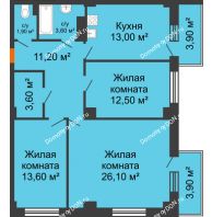 3 комнатная квартира 87,73 м² в ЖК Сокол Градъ, дом Литер 3 - планировка