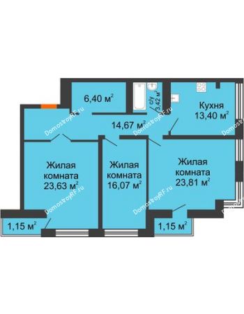 3 комнатная квартира 103,7 м² в ЖК Соборный, дом № 1