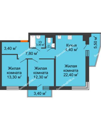 3 комнатная квартира 72,7 м² в ЖК Династия, дом Литер 2