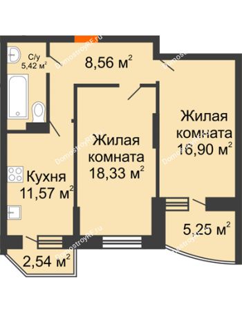 2 комнатная квартира 64,16 м² в ЖК Россинский парк, дом Литер 1