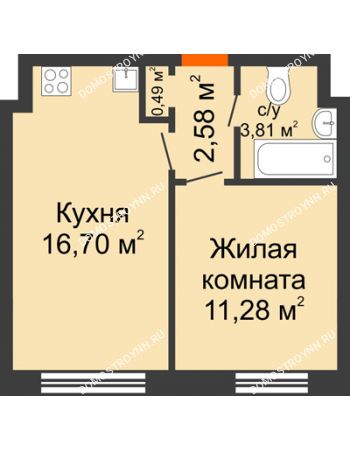 1 комнатная квартира 34,86 м² - ЖД по ул. Буденного