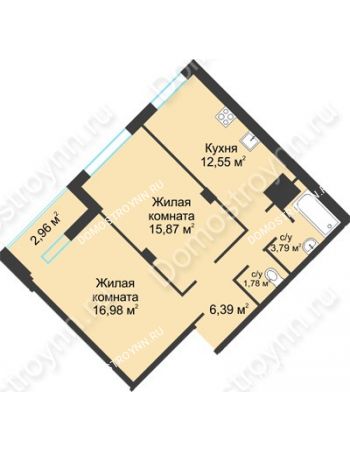 2 комнатная квартира 60,32 м² в ЖК На Вятской, дом № 3 (по генплану)