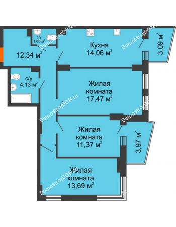 3 комнатная квартира 77,63 м² в ЖК Сердце Ростова 2, дом Литер 6