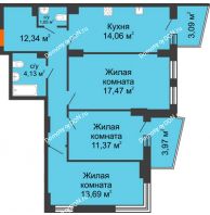 3 комнатная квартира 77,63 м² в ЖК Сердце Ростова 2, дом Литер 7 - планировка