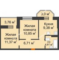 2 комнатная квартира 45,7 м² в ЖК Светлоград, дом Литер 16 - планировка