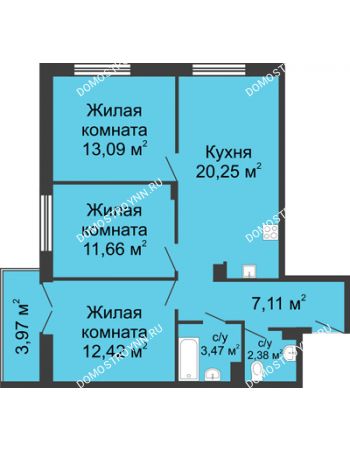 3 комнатная квартира 71,57 м² в ЖК Клевер, дом № 2