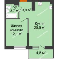 1 комнатная квартира 40,2 м² в ЖК Отражение, дом Литер 1.2 - планировка