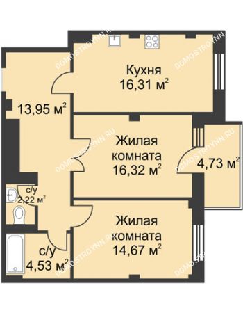 2 комнатная квартира 69,42 м² в ЖК Премиум, дом №1