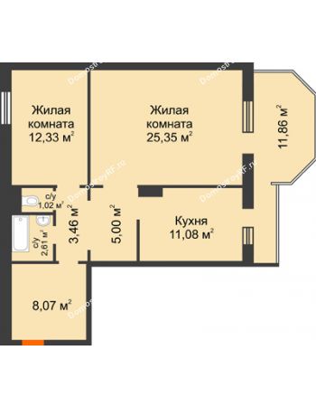 2 комнатная квартира 72,48 м² в ЖК Плодово-Ягодный, дом № 1