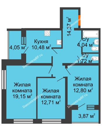 3 комнатная квартира 79,22 м² - ЖК Вавиловский Дворик