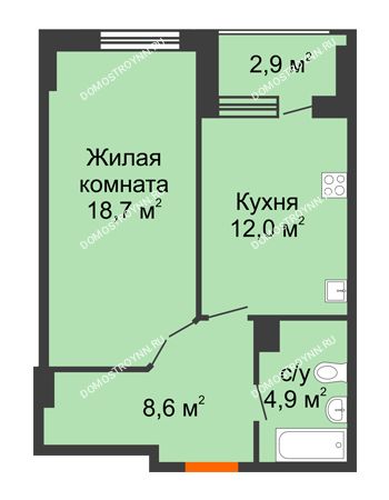 1 комнатная квартира 45,65 м² в ЖК Квартет, дом № 3