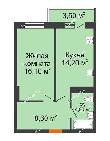 1 комнатная квартира 44,8 м² в ЖК Восточный парк, дом Литер 3