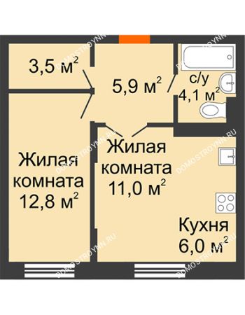2 комнатная квартира 43,3 м² в ЖК Жюль Верн, дом № 1, корпус 2