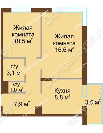 2 комнатная квартира 48,95 м² в ЖК Новинки Smart City, дом № 20