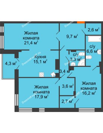 3 комнатная квартира 104,7 м² в КД Лобачевский, дом № 1