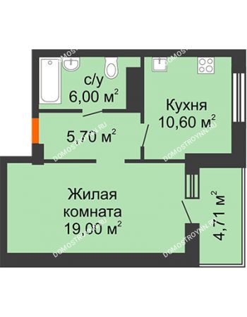 1 комнатная квартира 43,73 м² в ЖК Облака, дом № 2