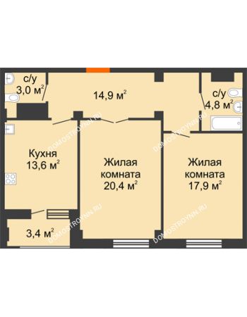 2 комнатная квартира 76,3 м² в ЖК Квартет, дом № 3