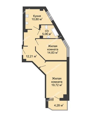 2 комнатная квартира 64,76 м² в ЖК Мега, дом № 1
