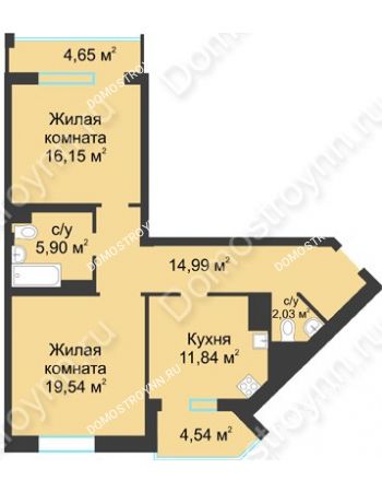 2 комнатная квартира 75,04 м² в ЖК Воскресенская слобода, дом №1