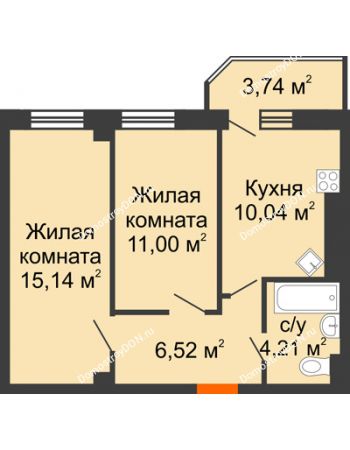 2 комнатная квартира 50,65 м² в ЖК Горизонт, дом № 2