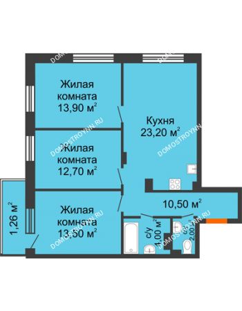 3 комнатная квартира 77,66 м² в ЖК Заречье, дом № 7