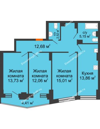 3 комнатная квартира 76,77 м² в ЖК Рубин, дом Литер 3