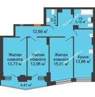 3 комнатная квартира 76,77 м² в ЖК Рубин, дом Литер 3 - планировка