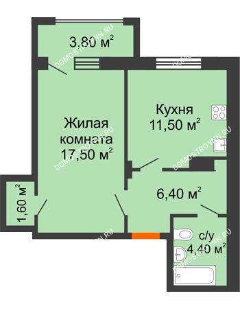 1 комнатная квартира 43,3 м² - ЖД по ул. Радио