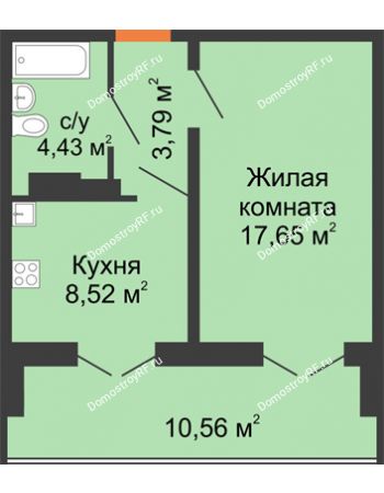 1 комнатная квартира 38,8 м² в ЖК Лазурный, дом позиция 50 (2-5 подъезд)