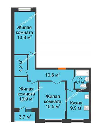3 комнатная квартира 70,9 м² в ЖК Жюль Верн, дом № 1, корпус 2