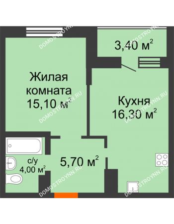 1 комнатная квартира 44,5 м² в ЖК Подкова на Цветочной, дом № 9