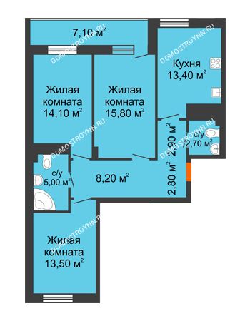 3 комнатная квартира 81,95 м² в ЖК Корица, дом № 1