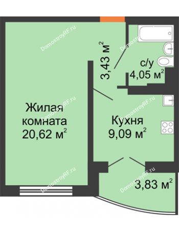 1 комнатная квартира 39 м² в ЖК Лазурный, дом позиция 50 (2-5 подъезд)