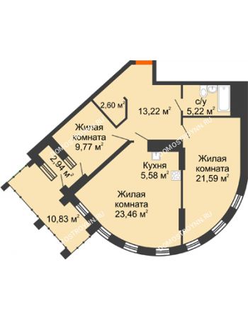 2 комнатная квартира 86,16 м² в ЖК Дом на Набережной, дом № 1