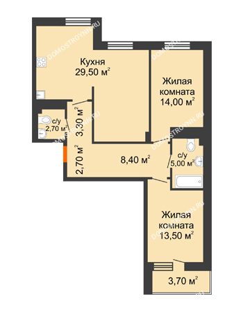 2 комнатная квартира 80,95 м² в ЖК Корица, дом № 1