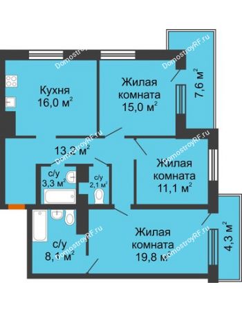 3 комнатная квартира 88,6 м² в ЖК GRAFF HOUSE (ЖК ГРАФ ХАУС), дом Секция 1А