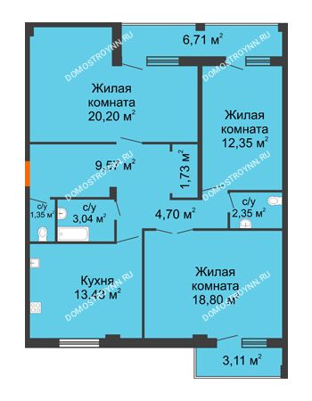 3 комнатная квартира 91,81 м² - Жилой дом: г. Арзамас, ул. Матросова, д. 13