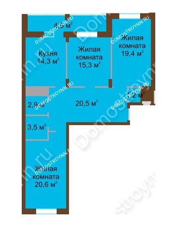 3 комнатная квартира 102,2 м² в ЖК Монолит, дом № 89, корп. 1, 2