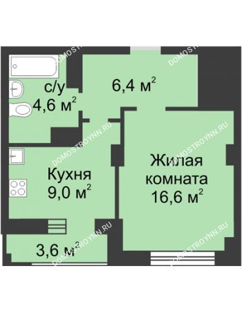 1 комнатная квартира 38,5 м² в ЖК Аквамарин, дом №2