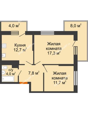 2 комнатная квартира 53,5 м² в ЖК Отражение, дом Литер 1.2