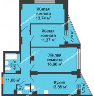 3 комнатная квартира 74,92 м² в ЖК Рубин, дом Литер 3 - планировка