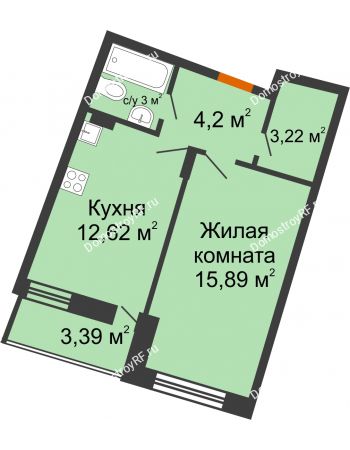 1 комнатная квартира 40,63 м² в ЖК Мандарин, дом 2 позиция 5-8 секция