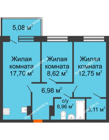3 комнатная квартира 58,82 м² в ЖК Гвардейский 3.0, дом Секция 2