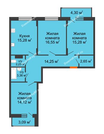 3 комнатная квартира 87,42 м² в ЖК Политехнический, дом 1,2 секция