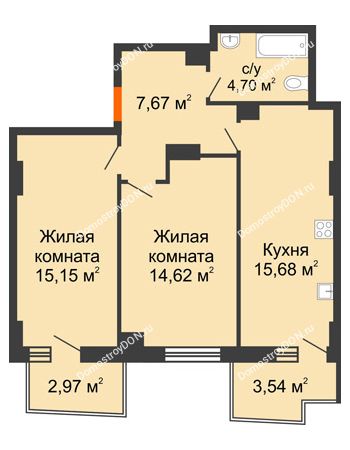 2 комнатная квартира 59,62 м² в ЖК Сердце Ростова 2, дом Литер 8