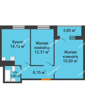 2 комнатная квартира 54,12 м² в ЖК Юго-Западный	, дом ГП-1