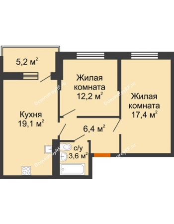 2 комнатная квартира 58,7 м² в ЖК Отражение, дом Литер 1.2