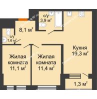 2 комнатная квартира 56,7 м² в ЖК Озерный парк, дом Корпус 5.1 - планировка