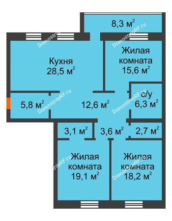 3 комнатная квартира 119,69 м² в ЖК Ария, дом ГП-6